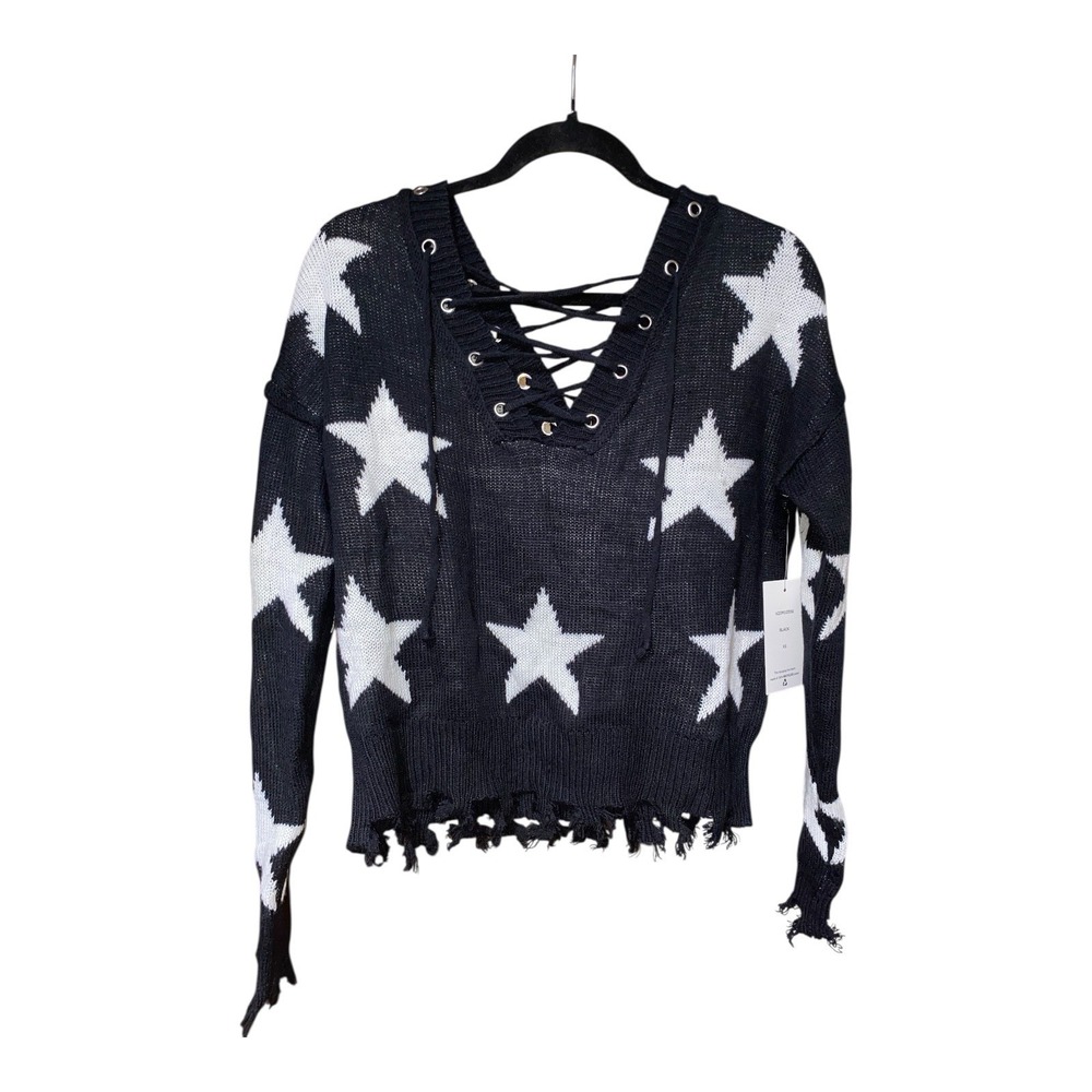 Willow Moon Sweater Raw Hems Soft Oversized Women's Size XS‎ NWT Black & White